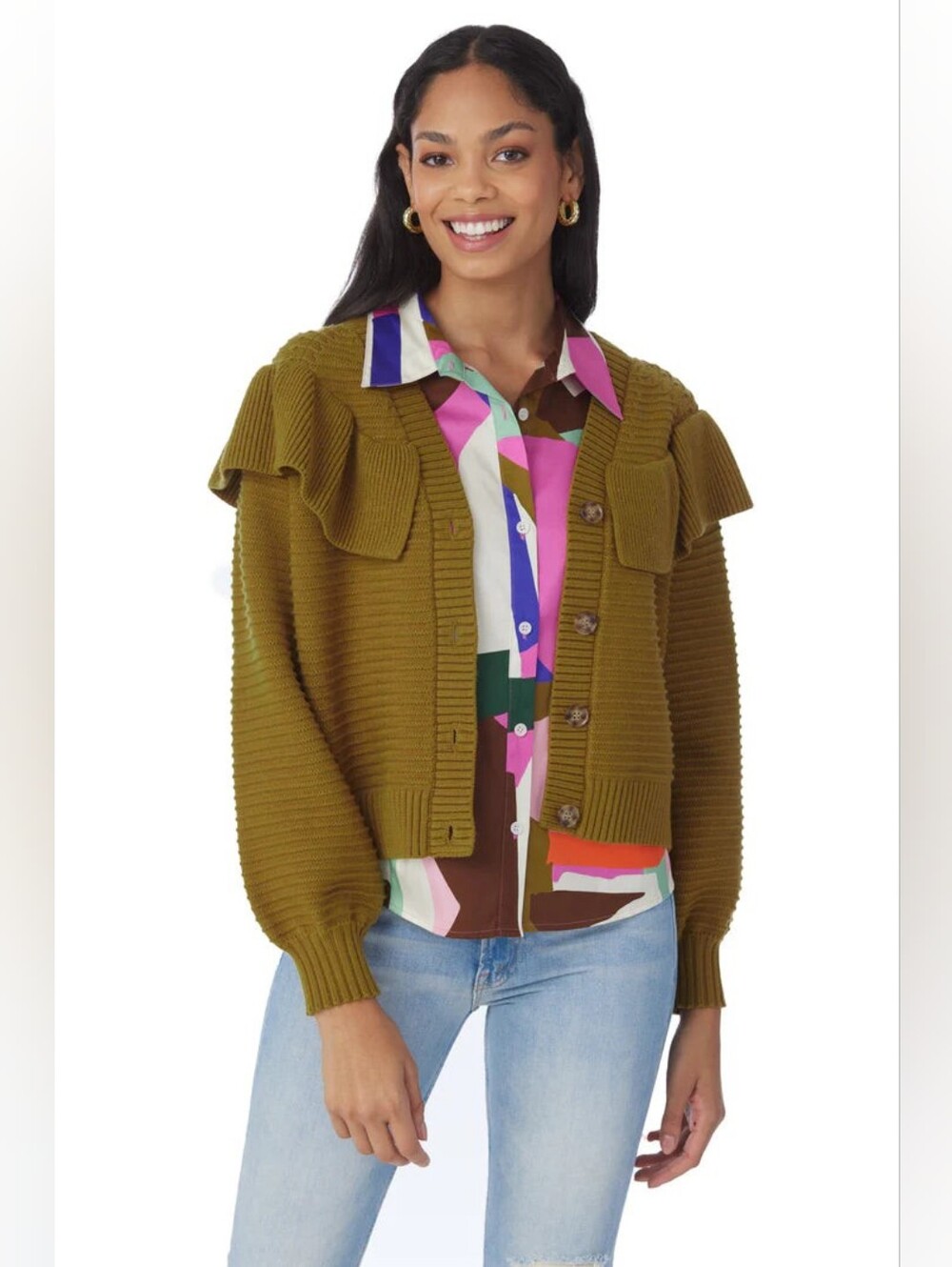 Crosby By Mollie Burch Karrington Olive Ruffle Cardigan, Size XS